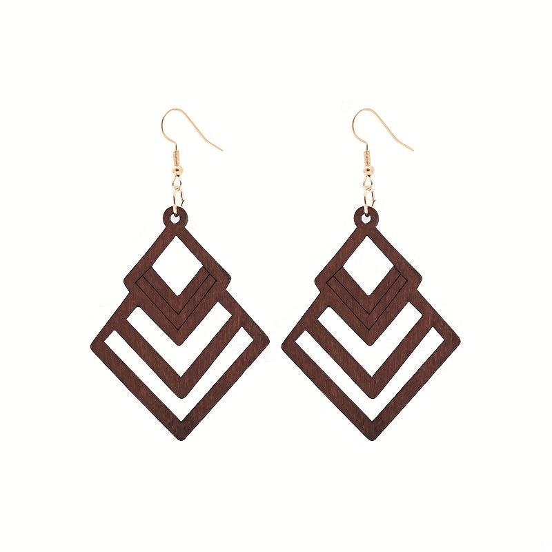 Hollow Rhombus Shape Dangle Earrings Wooden Jewelry Fall Winter Ear Ornament