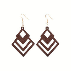 Hollow Rhombus Shape Dangle Earrings Wooden Jewelry Fall Winter Ear Ornament