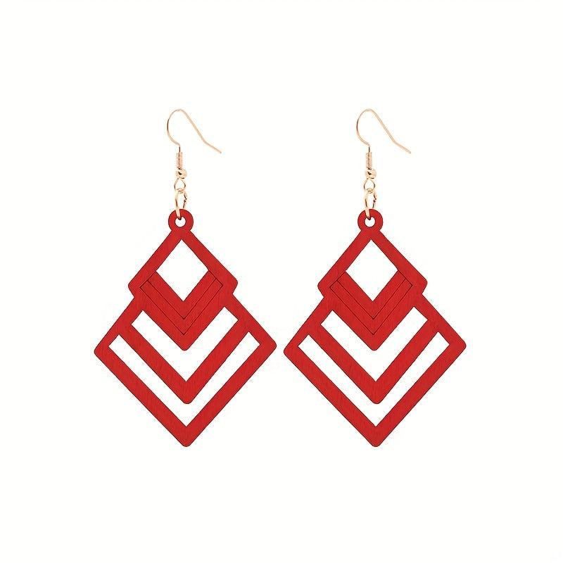 Hollow Rhombus Shape Dangle Earrings Wooden Jewelry Fall Winter Ear Ornament