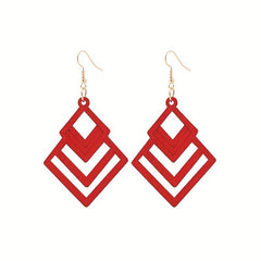 Hollow Rhombus Shape Dangle Earrings Wooden Jewelry Fall Winter Ear Ornament