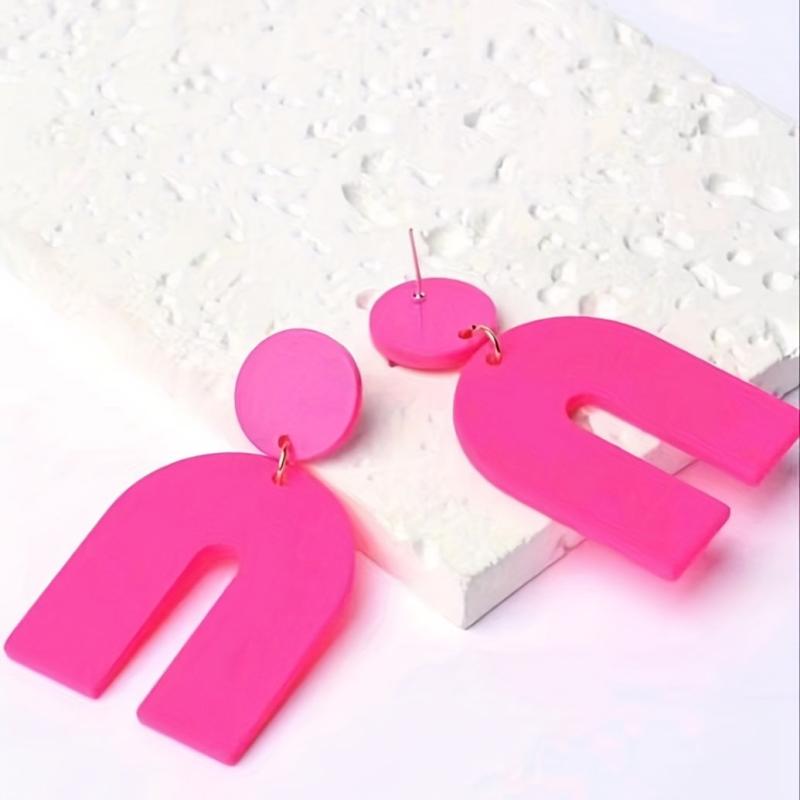 Hot Pink U Shape Acrylic Dangle Earrings