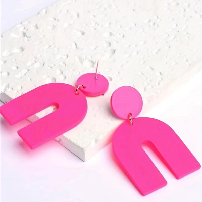 Hot Pink U Shape Acrylic Dangle Earrings