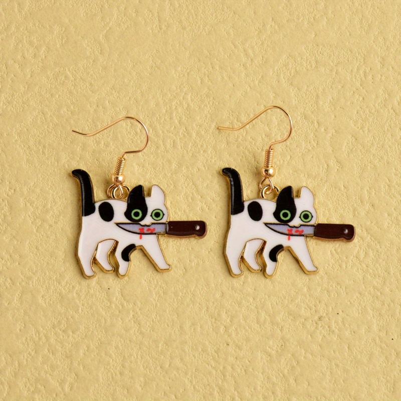 Cat Bloody Enamel Dangle Earrings Halloween Gift