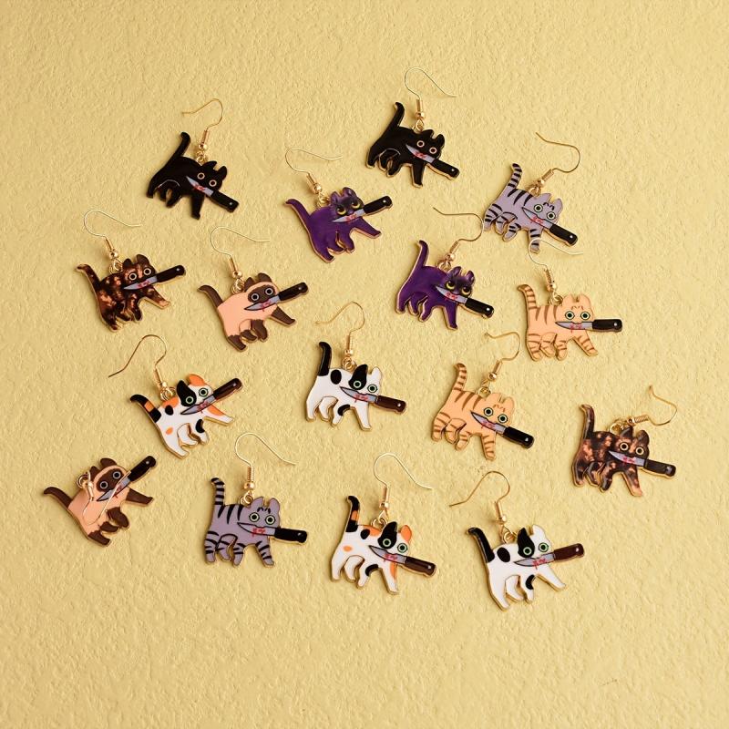 Cat Bloody Enamel Dangle Earrings Halloween Gift