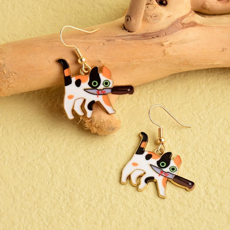 Cat Bloody Enamel Dangle Earrings Halloween Gift