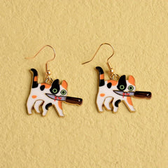 Cat Bloody Enamel Dangle Earrings Halloween Gift