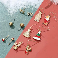 Christmas Enamel Earrings Set - 6 Pairs with Cane Snowman Elk Sock
