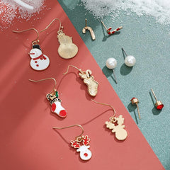 Christmas Enamel Earrings Set - 6 Pairs with Cane Snowman Elk Sock