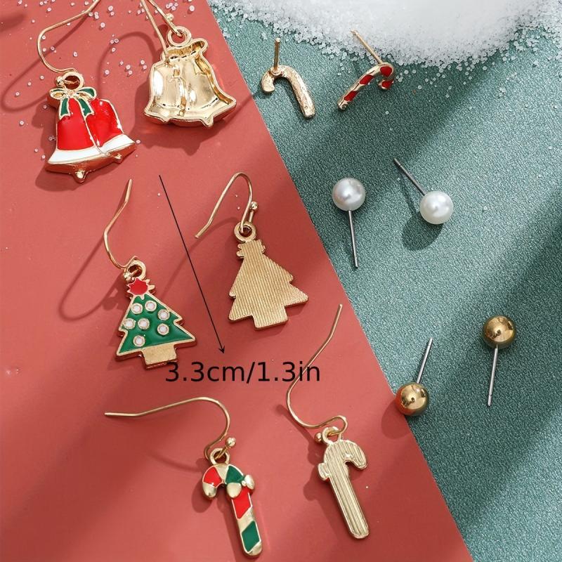 Christmas Enamel Earrings Set - 6 Pairs with Cane Snowman Elk Sock