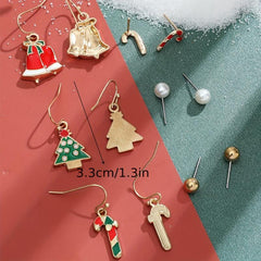 Christmas Enamel Earrings Set - 6 Pairs with Cane Snowman Elk Sock