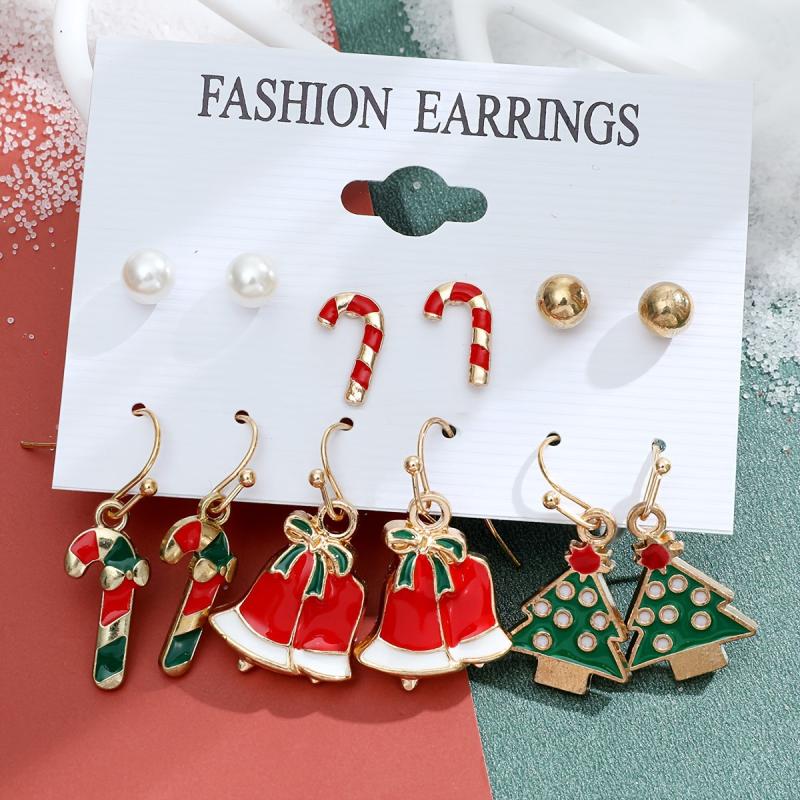 Christmas Enamel Earrings Set - 6 Pairs with Cane Snowman Elk Sock