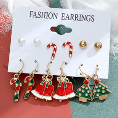 Christmas Enamel Earrings Set - 6 Pairs with Cane Snowman Elk Sock