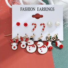 Christmas Enamel Earrings Set - 6 Pairs with Cane Snowman Elk Sock