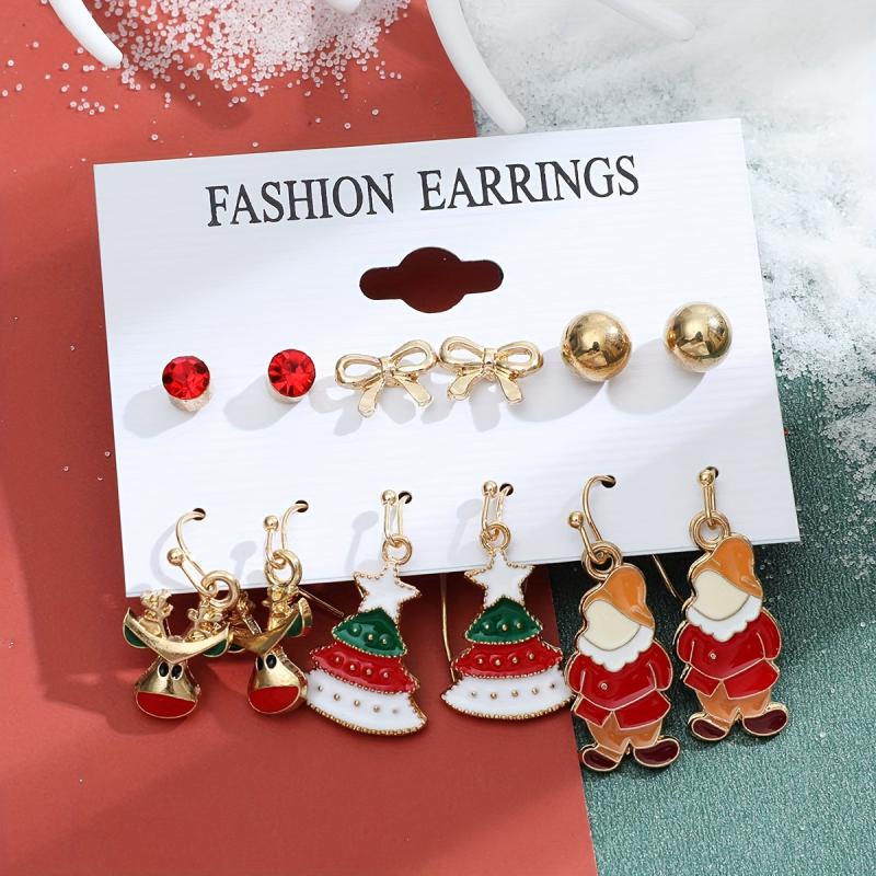 Christmas Enamel Earrings Set - 6 Pairs with Cane Snowman Elk Sock