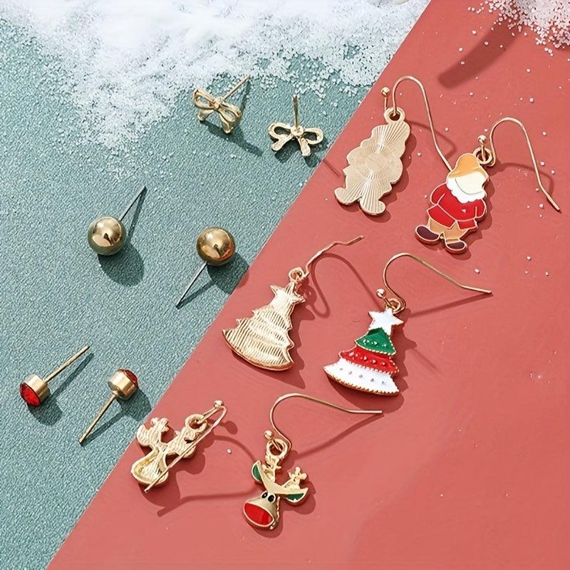 6 Pairs Christmas Earrings Set - Elk Bell Christmas Tree Santa Claus Gift