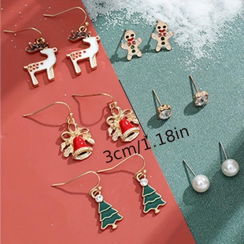 6 Pairs Christmas Earrings Set - Elk Bell Christmas Tree Santa Claus Gift