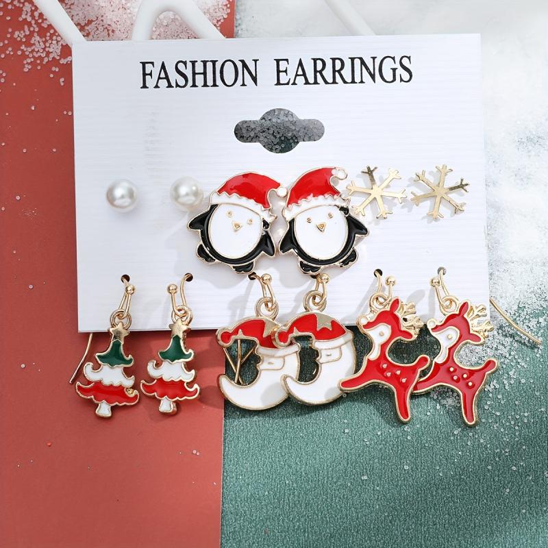 6 Pairs Christmas Earrings Set - Elk Bell Christmas Tree Santa Claus Gift