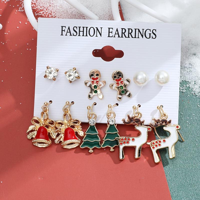 6 Pairs Christmas Earrings Set - Elk Bell Christmas Tree Santa Claus Gift