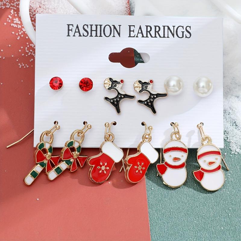 6 Pairs Christmas Earrings Set - Elk Bell Christmas Tree Santa Claus Gift