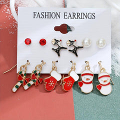6 Pairs Christmas Earrings Set - Elk Bell Christmas Tree Santa Claus Gift