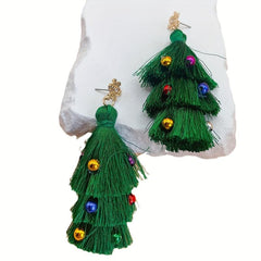 Christmas Tree Tassel Earrings with Colorful Bell Dangle