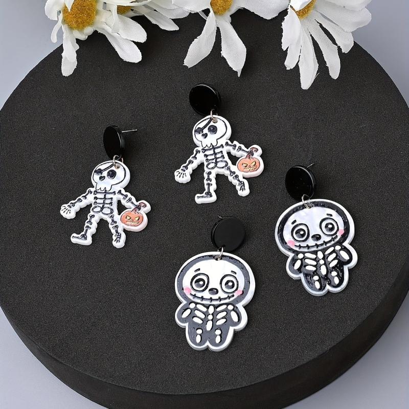 2 Pairs Halloween Skeleton Dangle Earrings Funny Ear Jewelry Adorable Ghost Gift