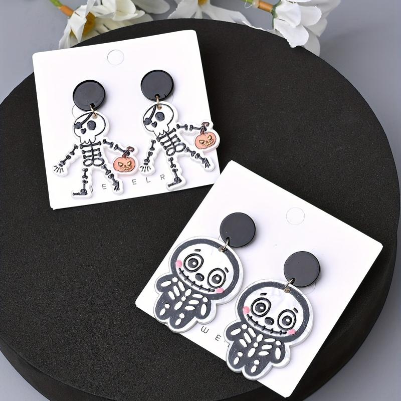 2 Pairs Halloween Skeleton Dangle Earrings Funny Ear Jewelry Adorable Ghost Gift