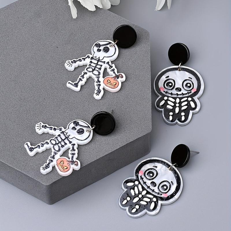 2 Pairs Halloween Skeleton Dangle Earrings Funny Ear Jewelry Adorable Ghost Gift