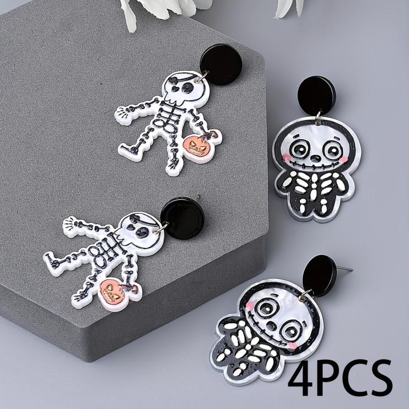 2 Pairs Halloween Skeleton Dangle Earrings Funny Ear Jewelry Adorable Ghost Gift