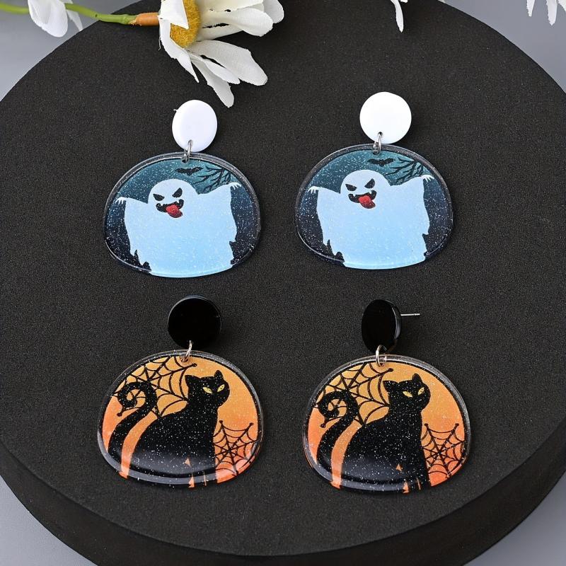 Halloween Cat Ghost Dangle Earrings Cartoon Style Acrylic Jewelry