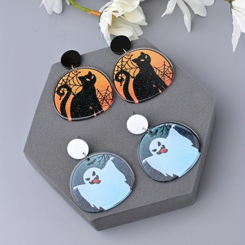 Halloween Cat Ghost Dangle Earrings Cartoon Style Acrylic Jewelry