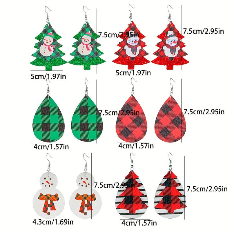 6 Pairs Christmas Tree Droplet Snowman Dangle Earrings Set