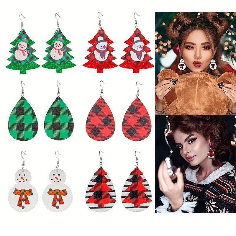 6 Pairs Christmas Tree Droplet Snowman Dangle Earrings Set