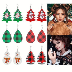6 Pairs Christmas Tree Droplet Snowman Dangle Earrings Set