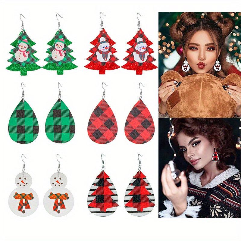 6 Pairs Christmas Tree Droplet Snowman Dangle Earrings Set