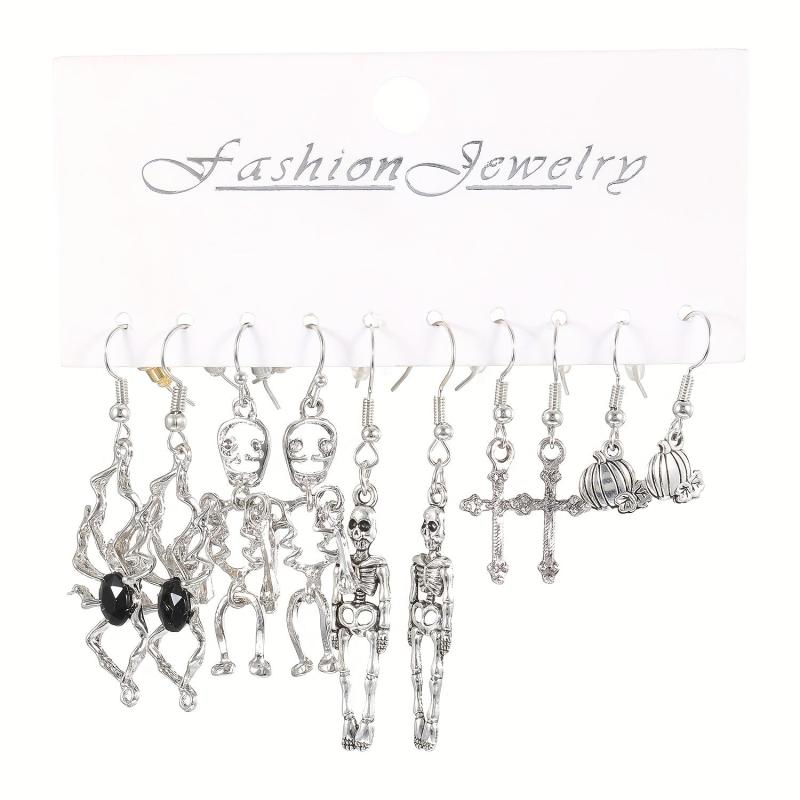 5 Pairs Halloween Series Skeleton Claw Spider Dangle Earrings Goth Style Alloy