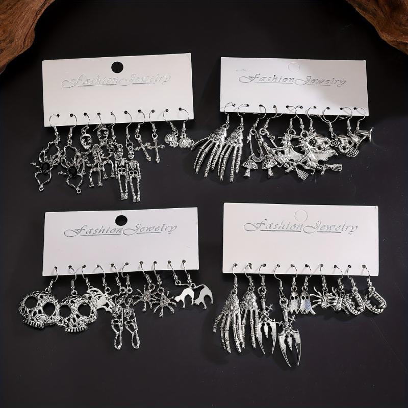 5 Pairs Halloween Series Skeleton Claw Spider Dangle Earrings Goth Style Alloy