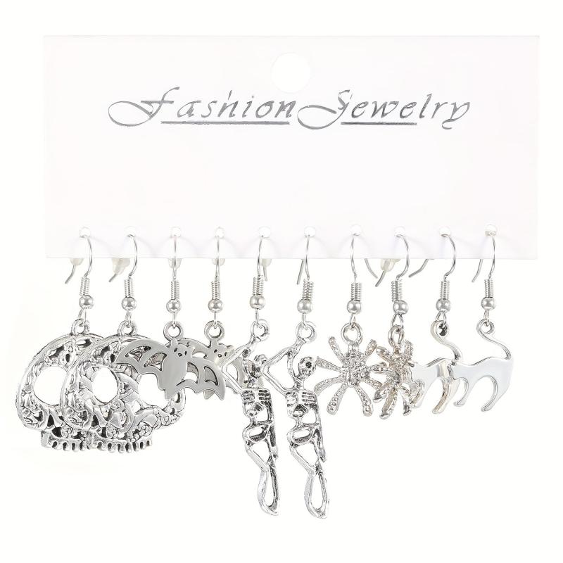 5 Pairs Halloween Series Skeleton Claw Spider Dangle Earrings Goth Style Alloy