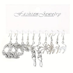 5 Pairs Halloween Series Skeleton Claw Spider Dangle Earrings Goth Style Alloy