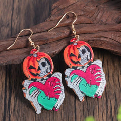 Halloween Pumpkin Skeleton Heart Dangle Earrings