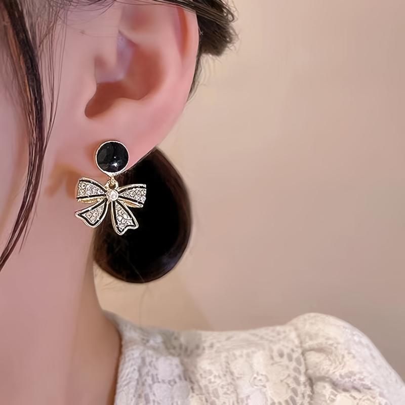 Sparkling Rhinestone Drop Earrings with Bowknot Design