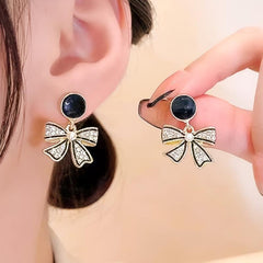 Sparkling Rhinestone Drop Earrings with Bowknot Design