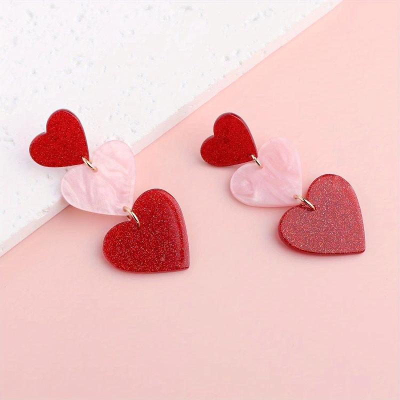Hot Pink Heart Acrylic Earrings Dangle Vocation Style Jewelry Gift Women