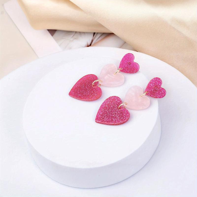 Hot Pink Heart Acrylic Earrings Dangle Vocation Style Jewelry Gift Women