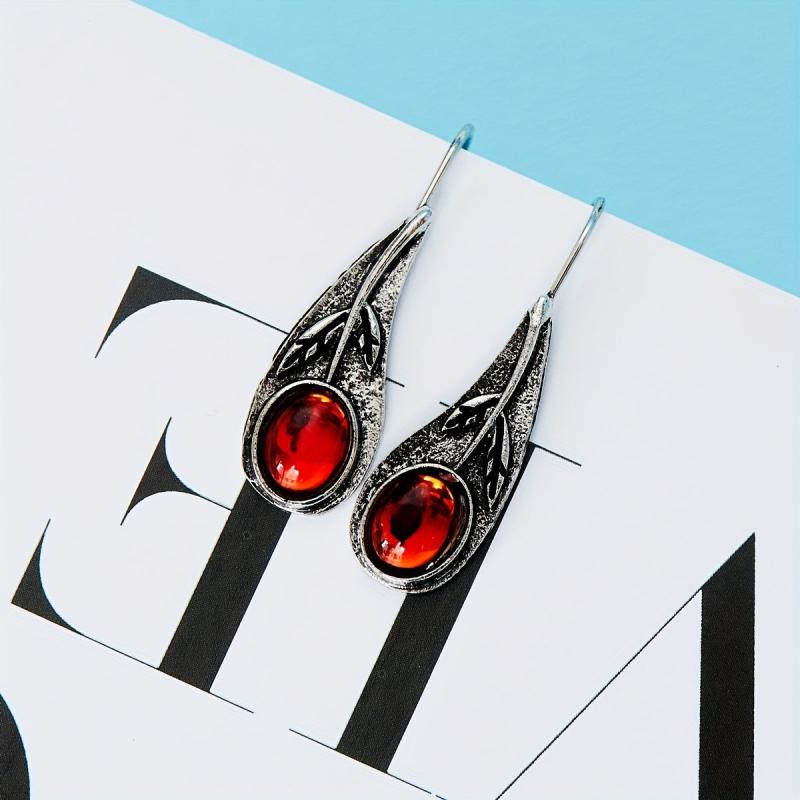 Leaf Red Zircon Inlaid Dangle Earrings Retro Style Jewelry Gift