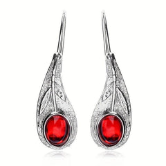 Leaf Red Zircon Inlaid Dangle Earrings Retro Style Jewelry Gift