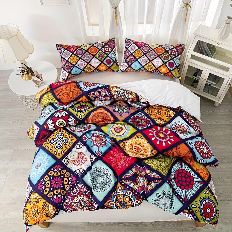 Bohemian Style Plaid Print Bedding Set - Soft Comfortable Duvet Cover