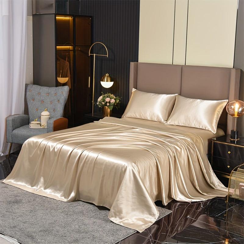 4pcs Soft Satin Fitted Sheet Set Silky Skin-friendly Fabric