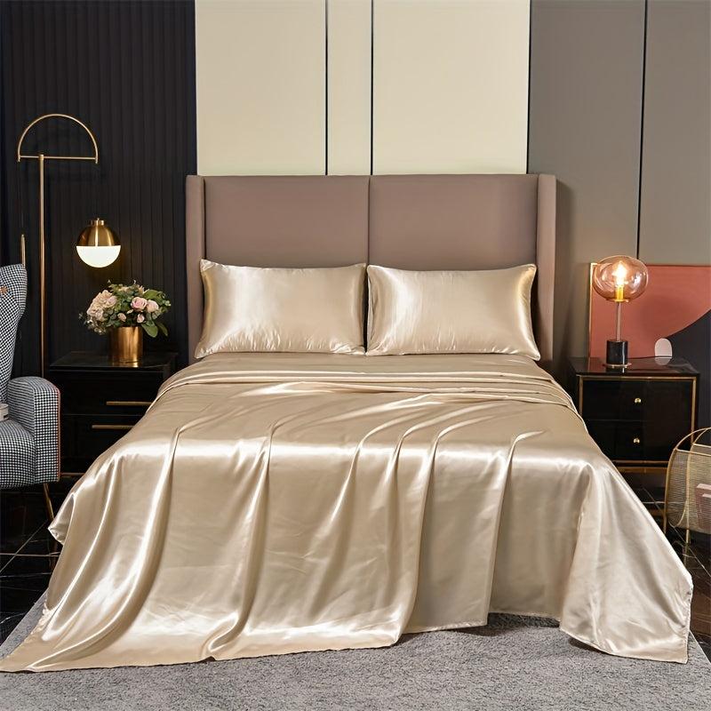 4pcs Soft Satin Fitted Sheet Set Silky Skin-friendly Fabric