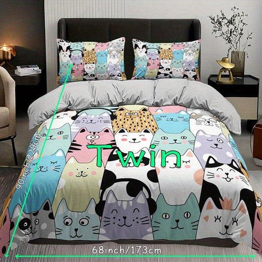 Cartoon Cat Print Bedding Set - 3pcs Duvet Cover Set